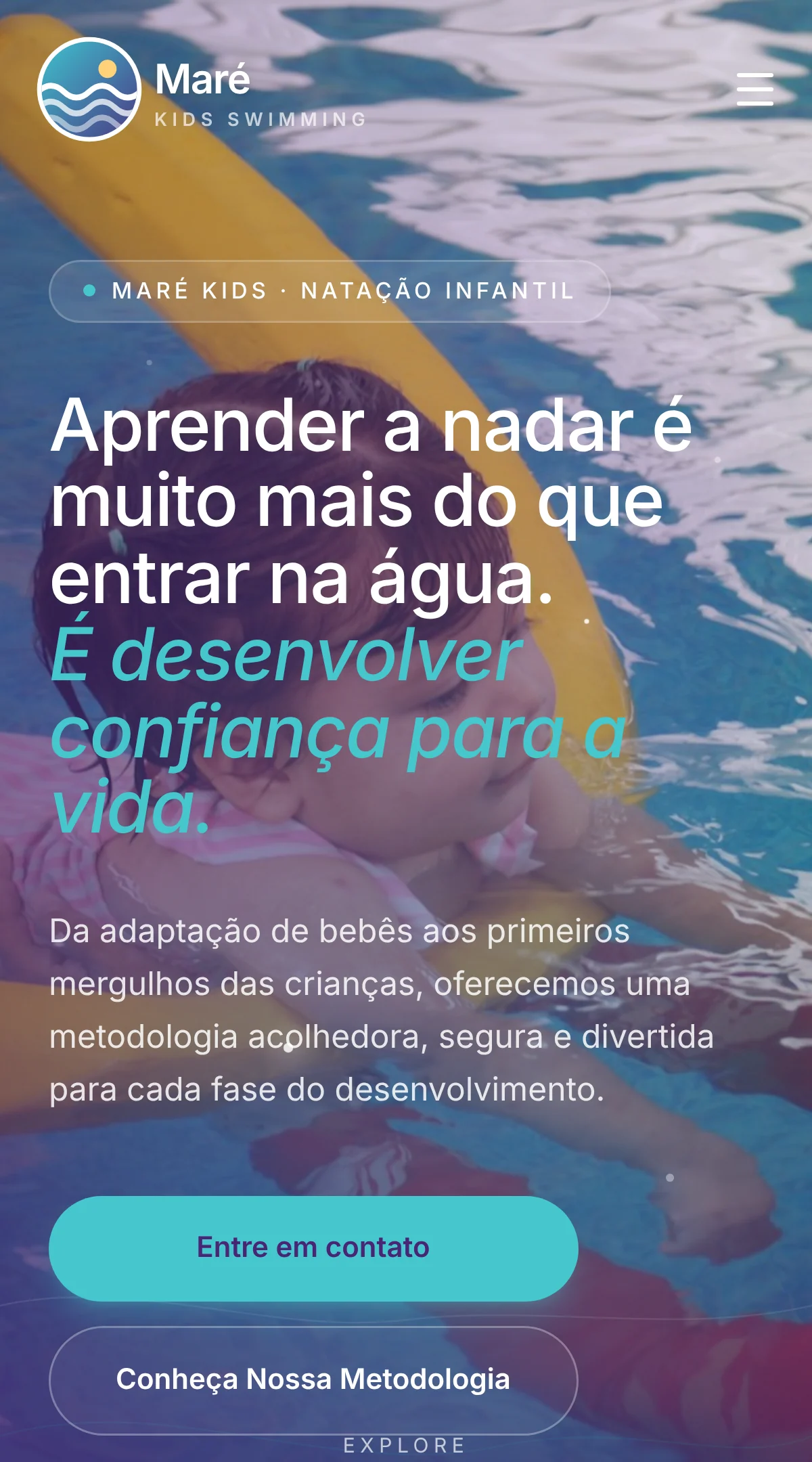 Site da escola de natação Maré Kids, feito pela Fluya, aberto no celular